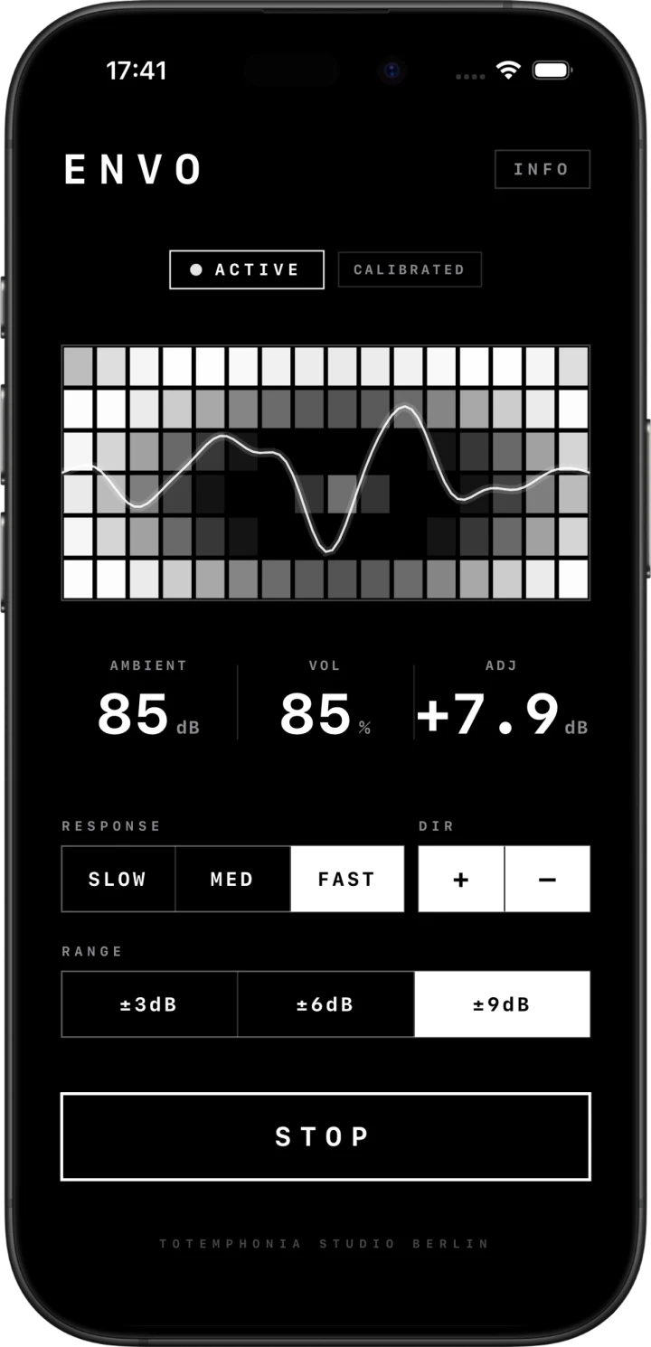 ENVO auf einem iPhone: 85 dB Umgebungslärm, Anpassung +7,9 dB